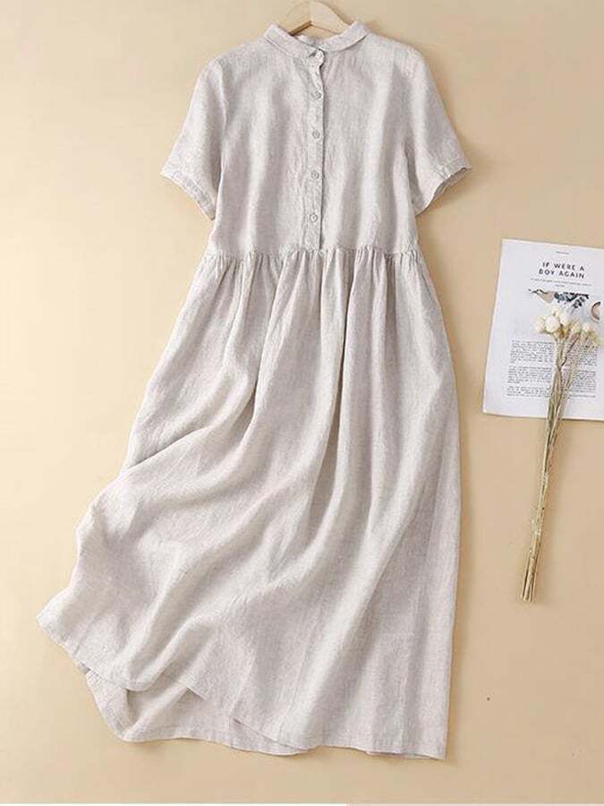 Cotton Linen Short Sleeved Solid Color Casual Dress