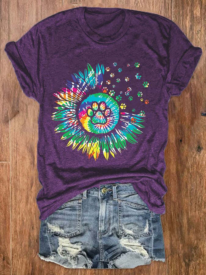 Women's Colorful Sunflower Dog Paw Graphic Tee