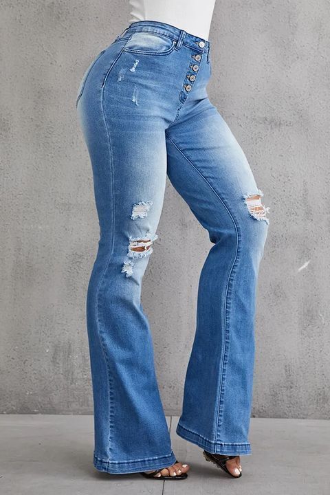 Tall 90s Vintage Button Fly Knee Distressed Flare Leg Jeans