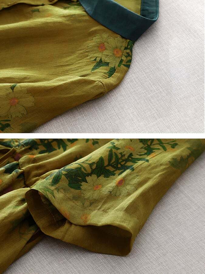Printed Lapel Simple Cotton Linen Dress