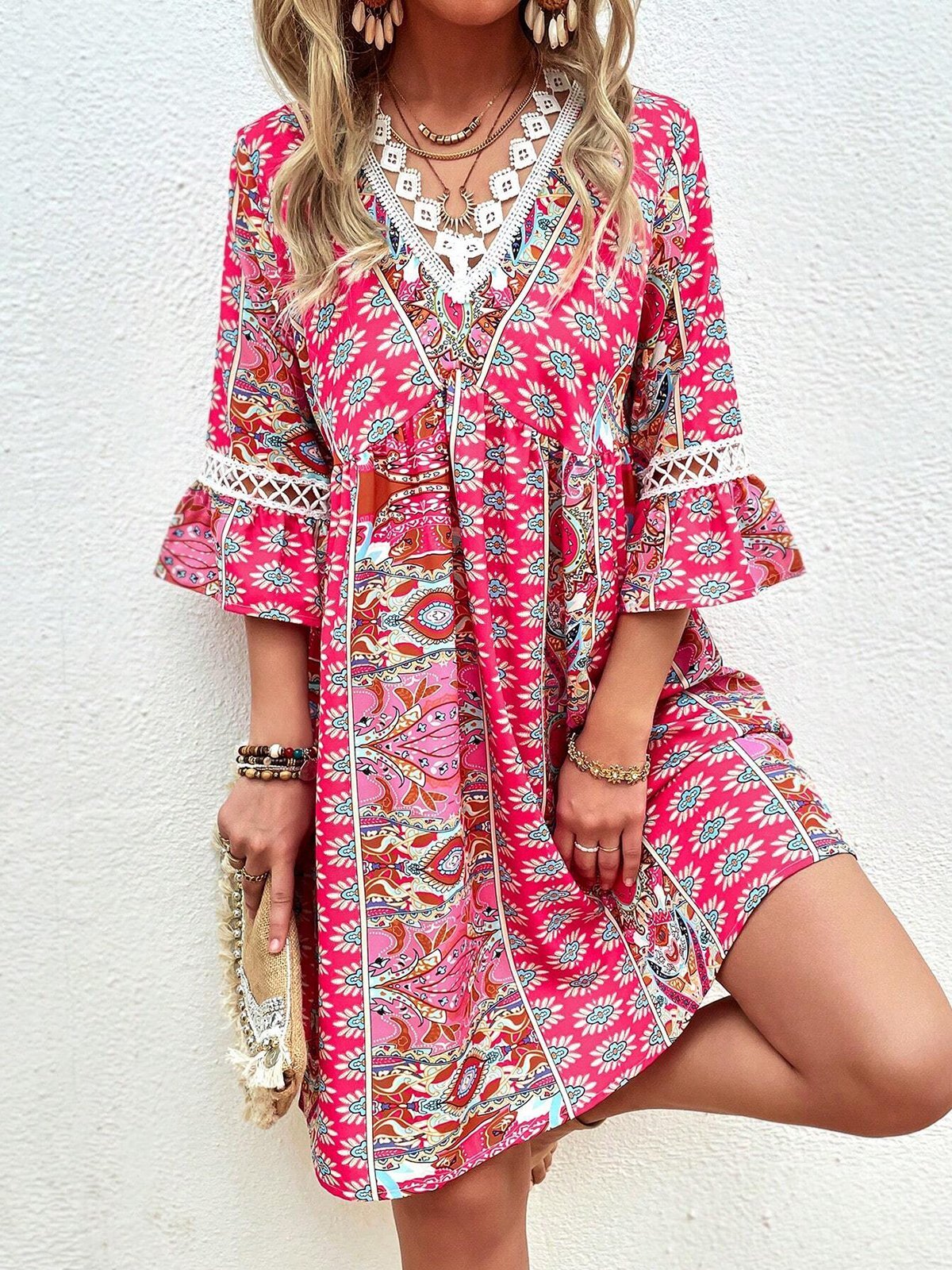 Womens V Neck Ethnic Boho Dress - treemus