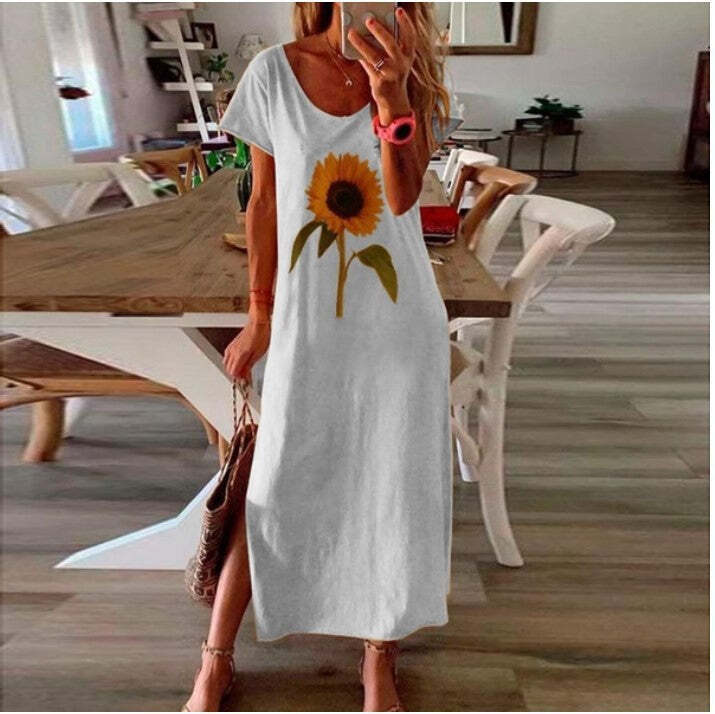O-Neck Sunflower Casual Cotton Dresses