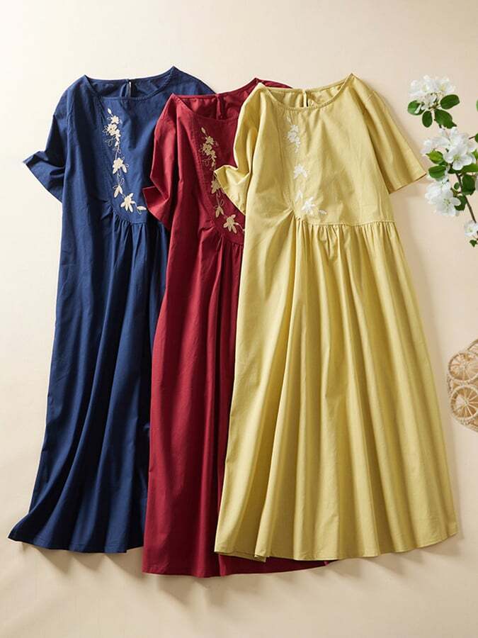 Cotton And Linen Embroidered Solid Color Pullover Dress