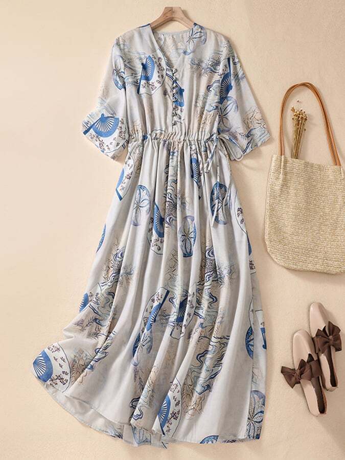 Printed Loose Lace Up Waist Button Dress