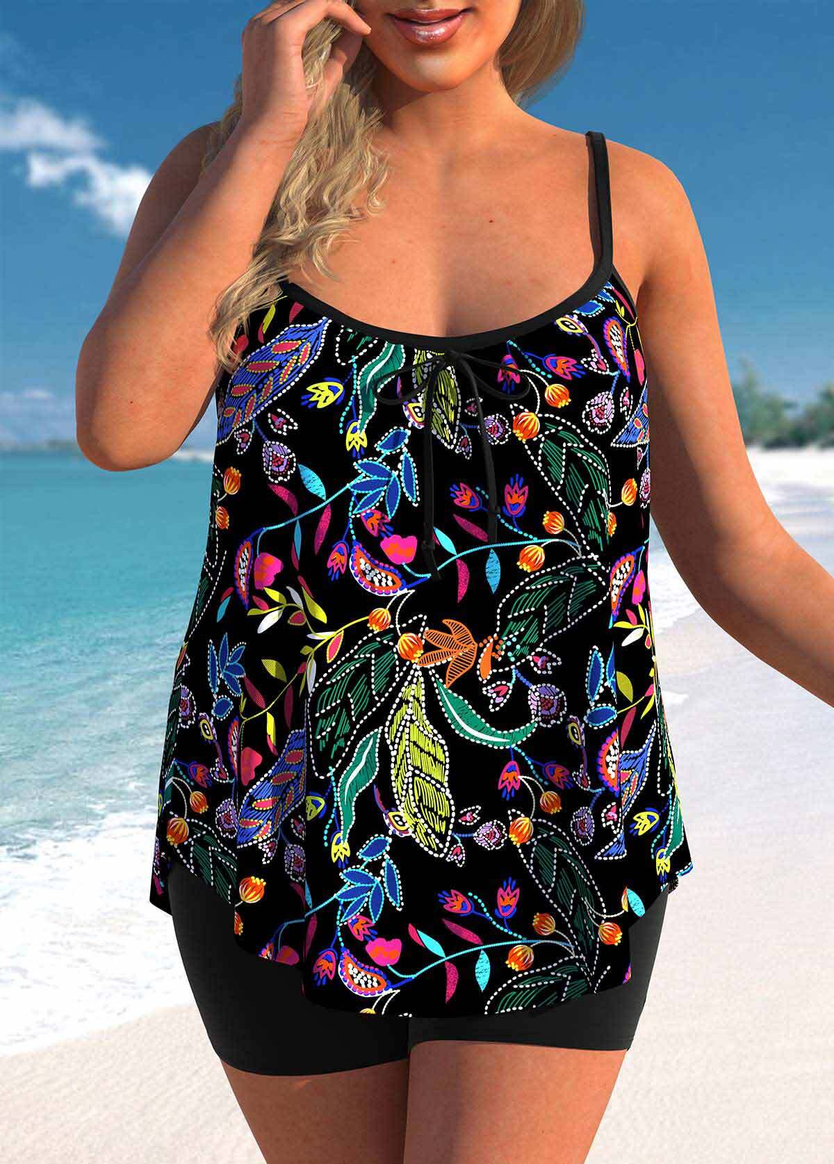 Bowknot Leaf Print Coral Red Tankini Top