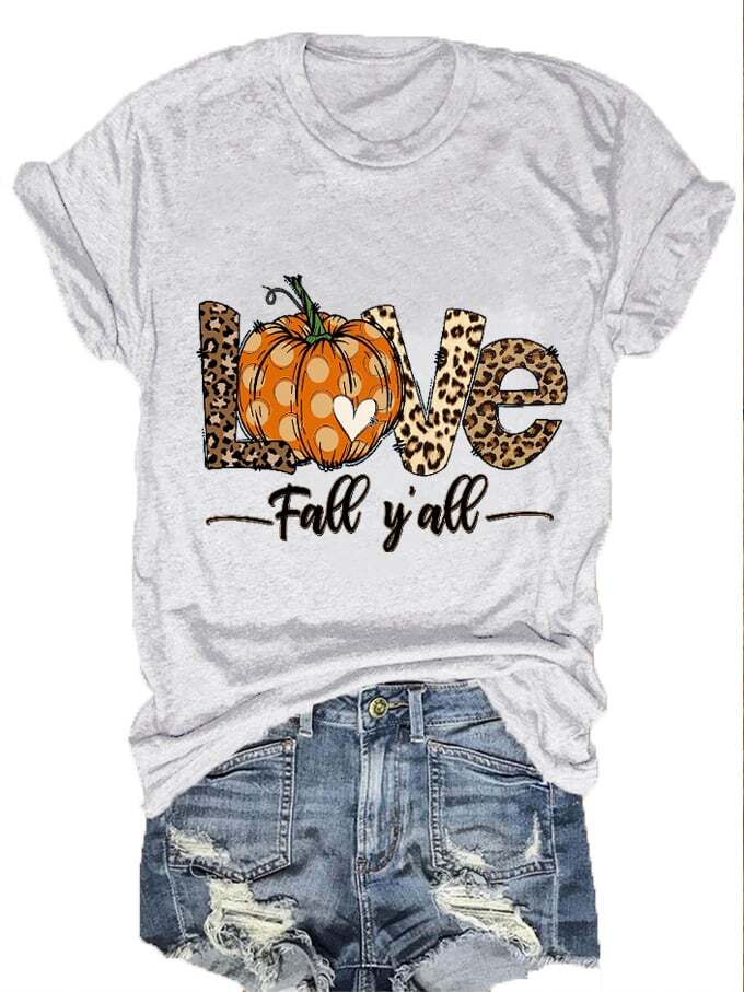 Women's Love Fall Y'all Pumpkin Maple Fall Print T-Shirt