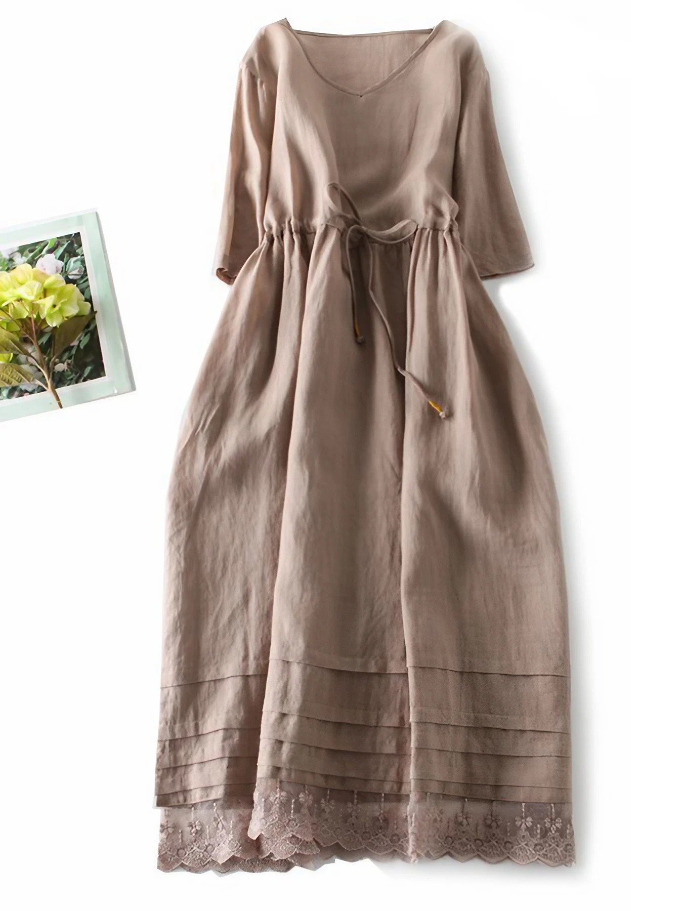 Cotton And Linen Lace Up Round Neck Loose Dress