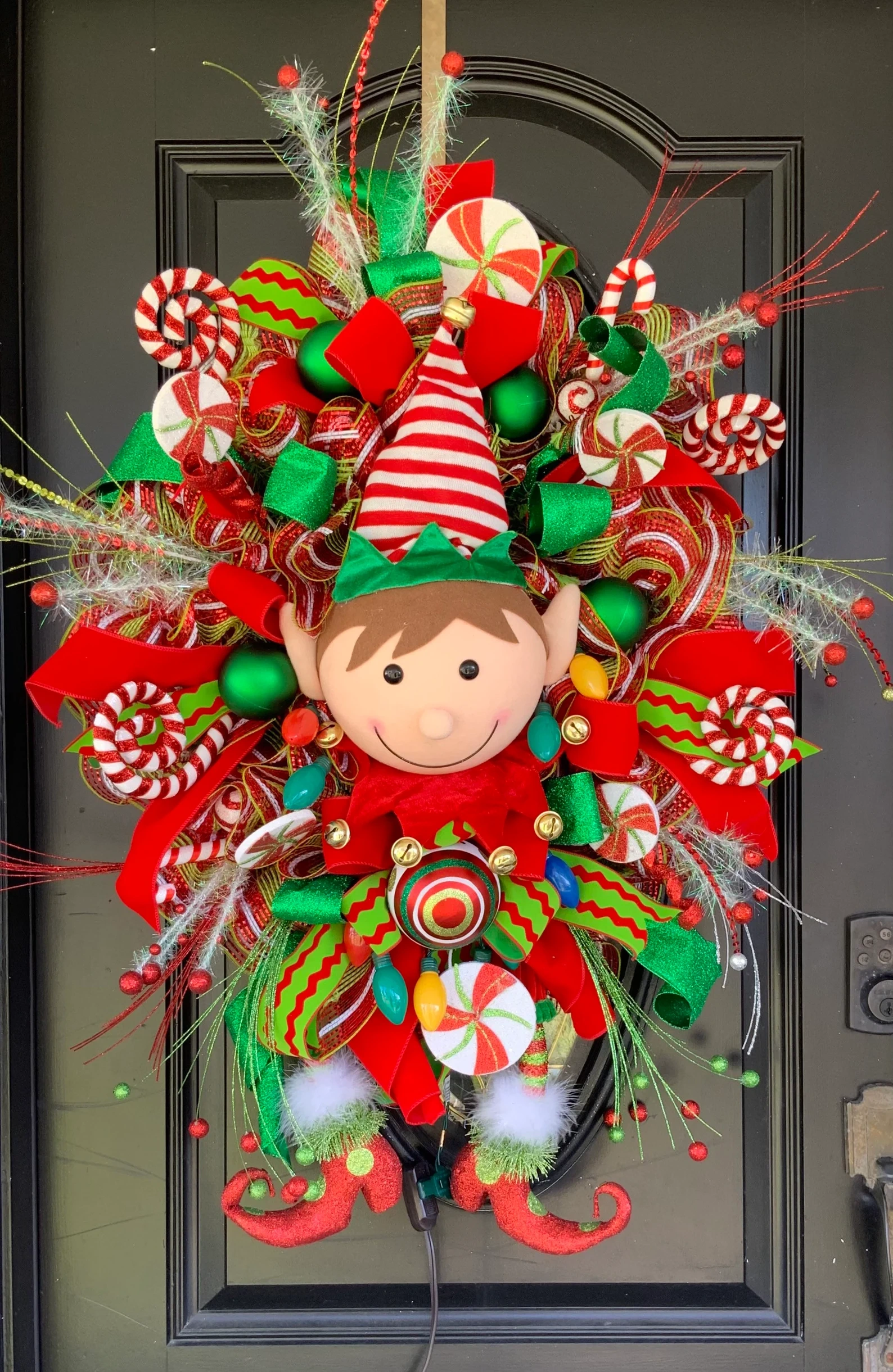 Elf Wreath, Lighted Christmas wreath, Christmas Door wreath, Door Decor, christmas Decor