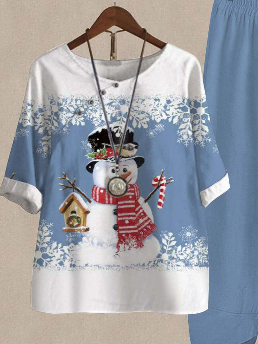 Christmas Cartoon Snowman Print Casual Two Piece Set