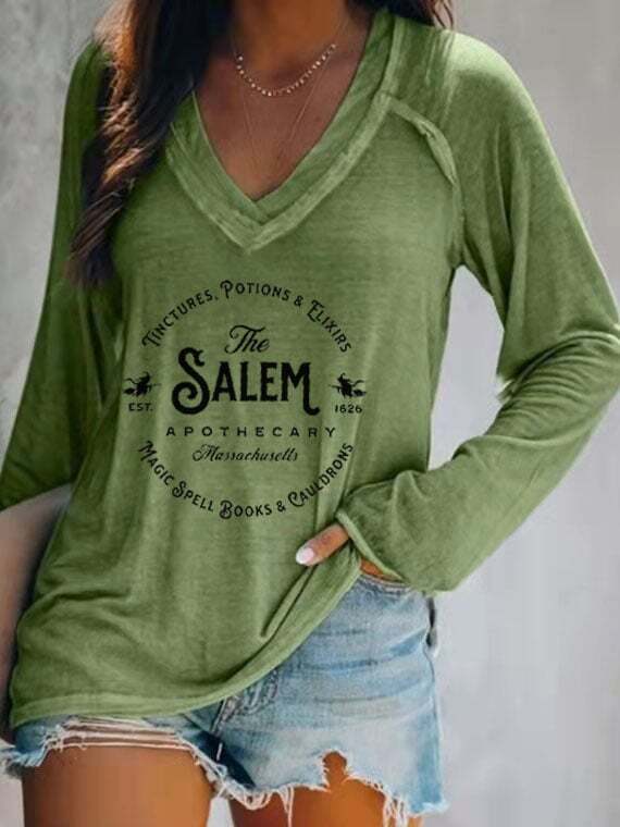 Women's Salem Massachusetts Happy Halloween Witch Casual V-Neck Long-Sleeve T-Shirt