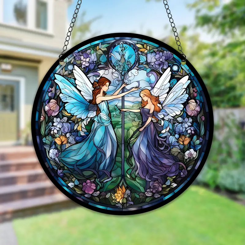 Fairy Stained Window Hanging, Fairy Decor Suncatcher For Windows, Art Women Gifts For Fairy Theme Birthday Wedding Home Decoration Wreath Sign