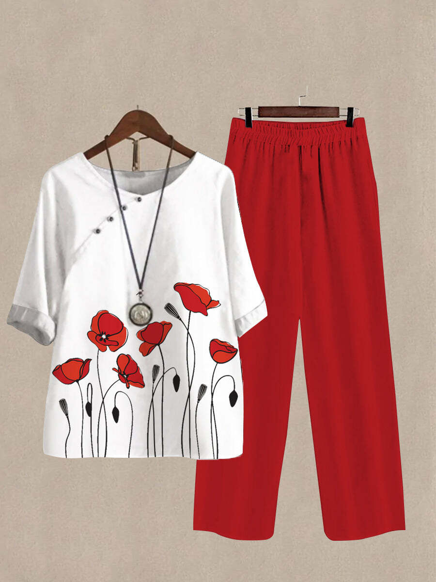 Women's Red Flower Print Half Sleeve Top And Casual Pants Linen Two Pieces