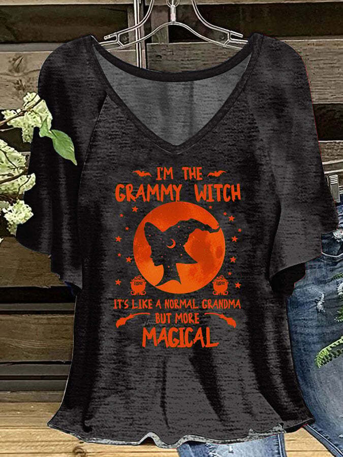 Women's I'm the Grammy Witch Print V-Neck Ruffle Sleeve T-Shirt