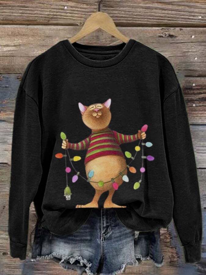 Women'S Cute Cat Print Crew Neck Casual Sweatshirt