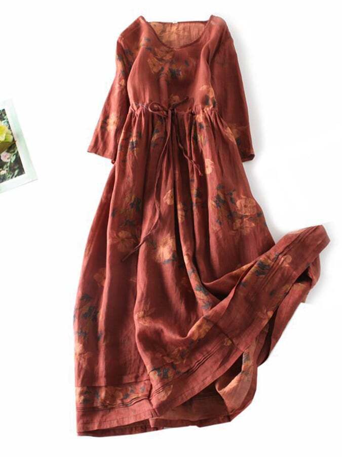 Retro Art Cotton Linen Printed Waistband Dress