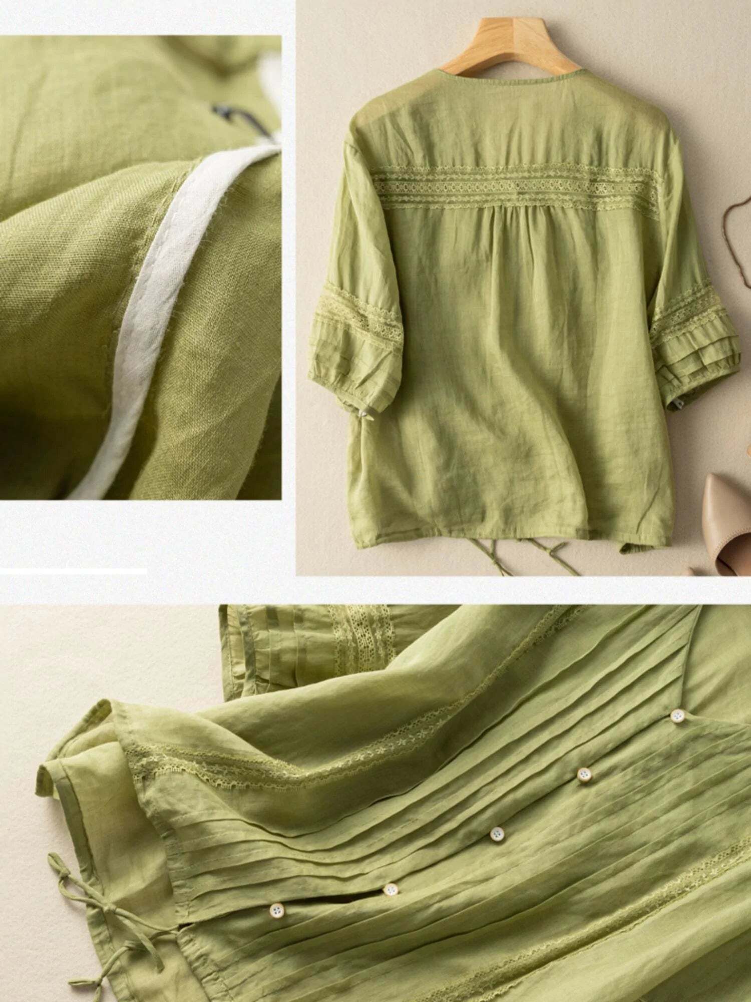 Pure Color V Neck 3/4 Sleeve Casual Linen Top