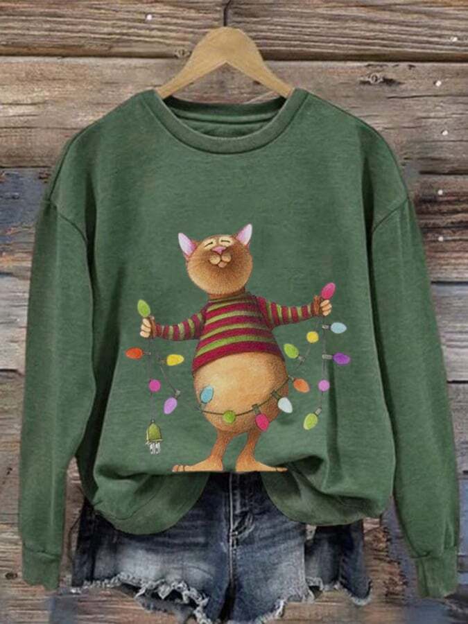 Women'S Cute Cat Print Crew Neck Casual Sweatshirt