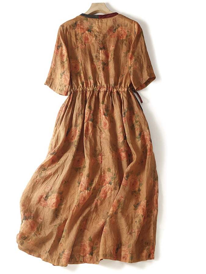 Cotton Linen Vintage High Waist Lace Up Flare Dress
