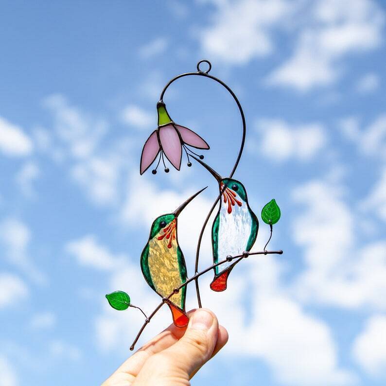Stained glass hummingbird suncatcher-Hummingbird gifts for mom