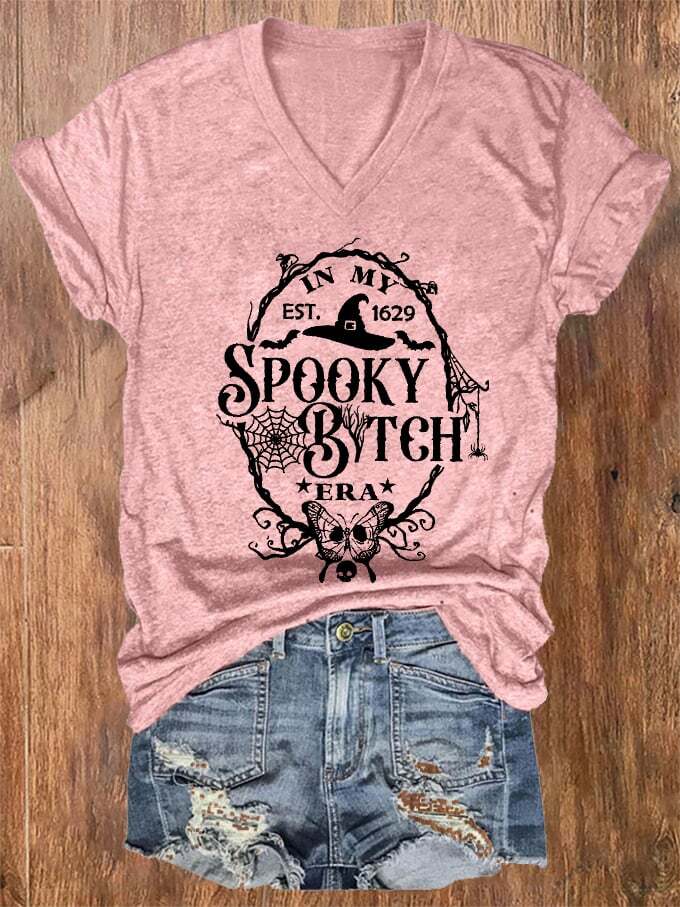 Women's Halloween In My Spooky B*tch Era Est.1629 Printed V-Neck T-Shirt