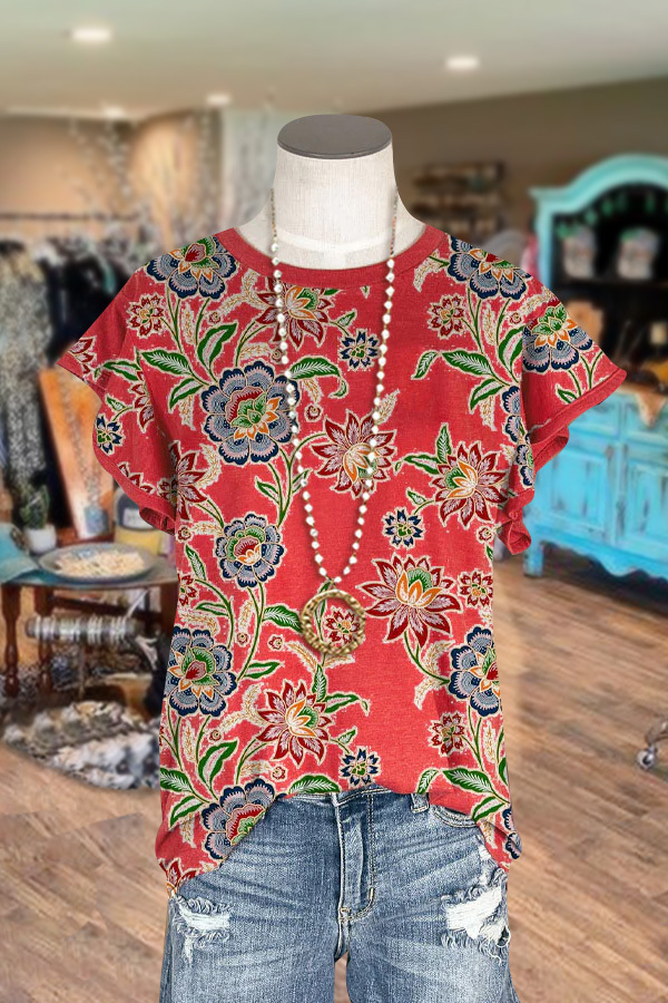 Vintage Floral Print Ruffled Top