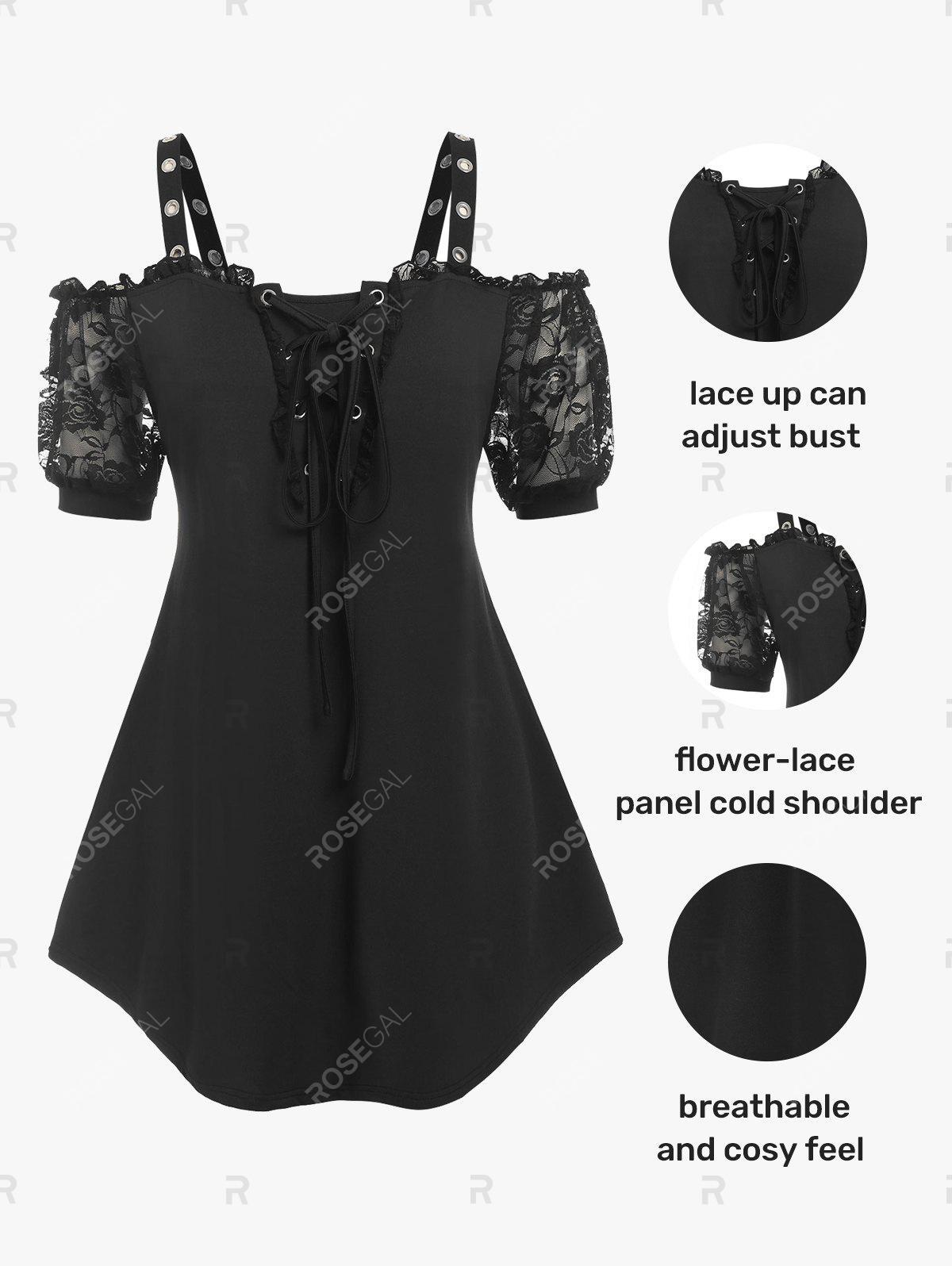 Lace Insert Lace-up Cold Shoulder Ruffle Tee and Leggings Gothic Plus Size Outfit