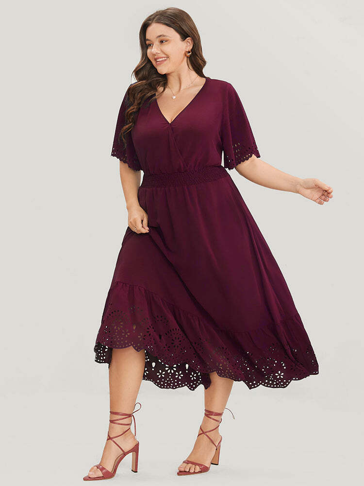 Solid Laser Cut Shirred Pocket Wrap Scalloped Trim Flutter Dress