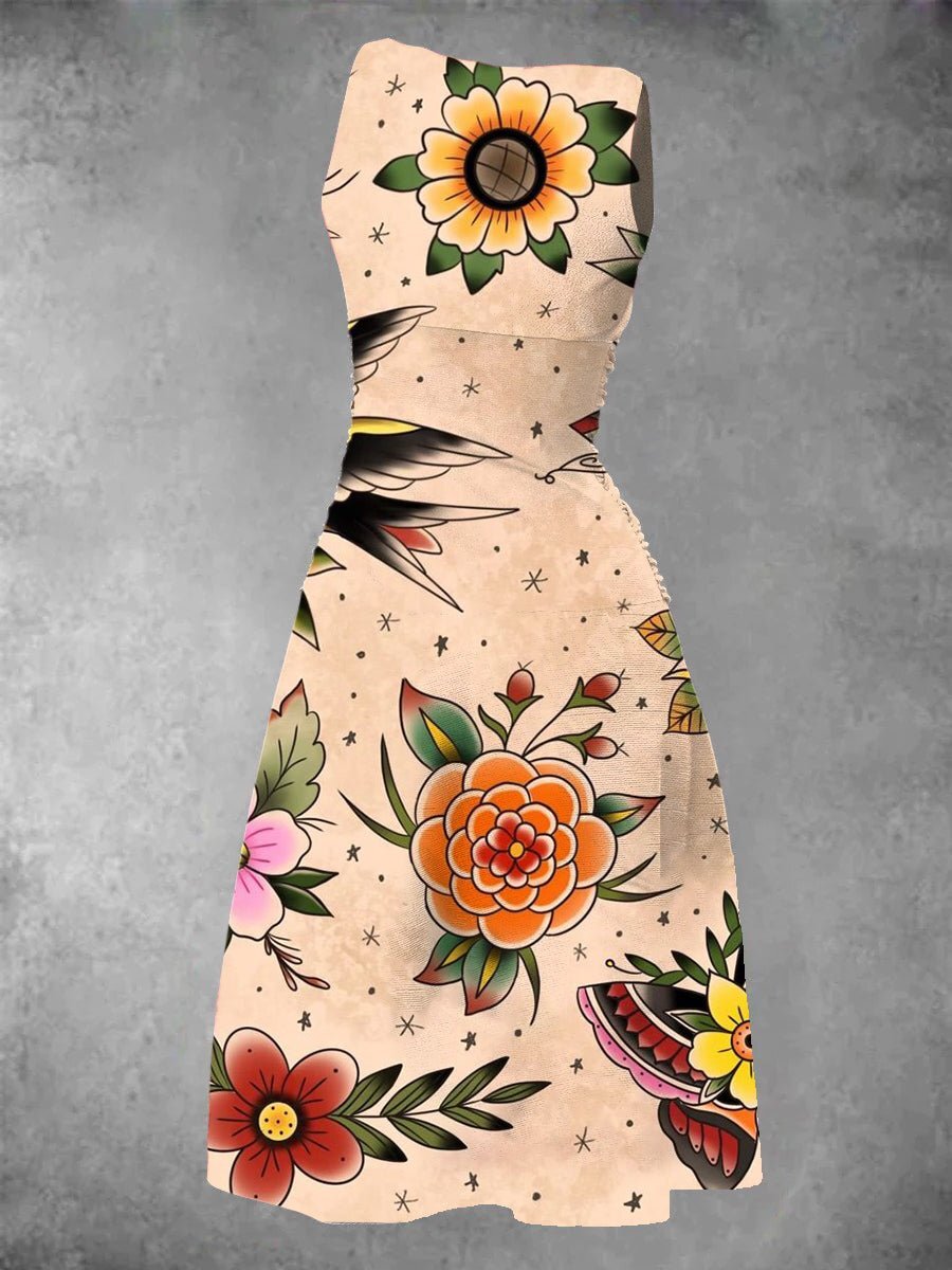 🔥Buy 2 Get 10% Off🔥Old School Tattoo Swallows Throwback Print Dress