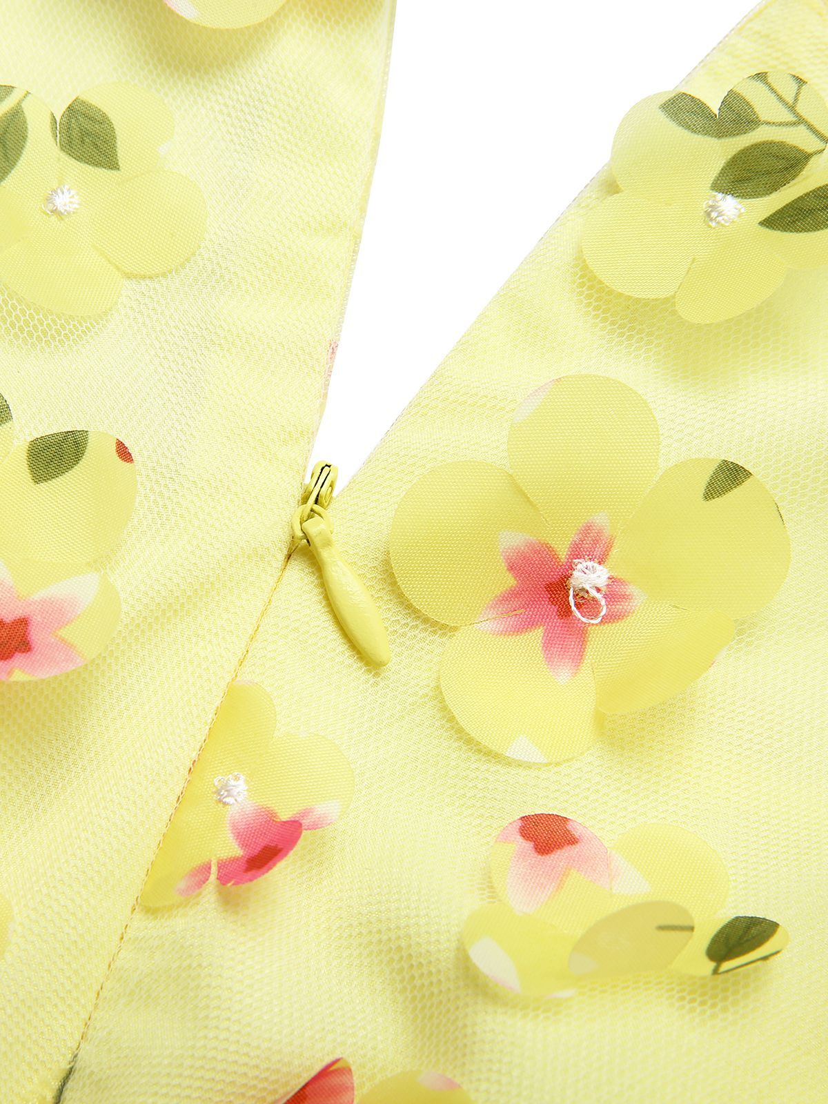 Yellow 3D Floral Puff Sleeves Swing Dress