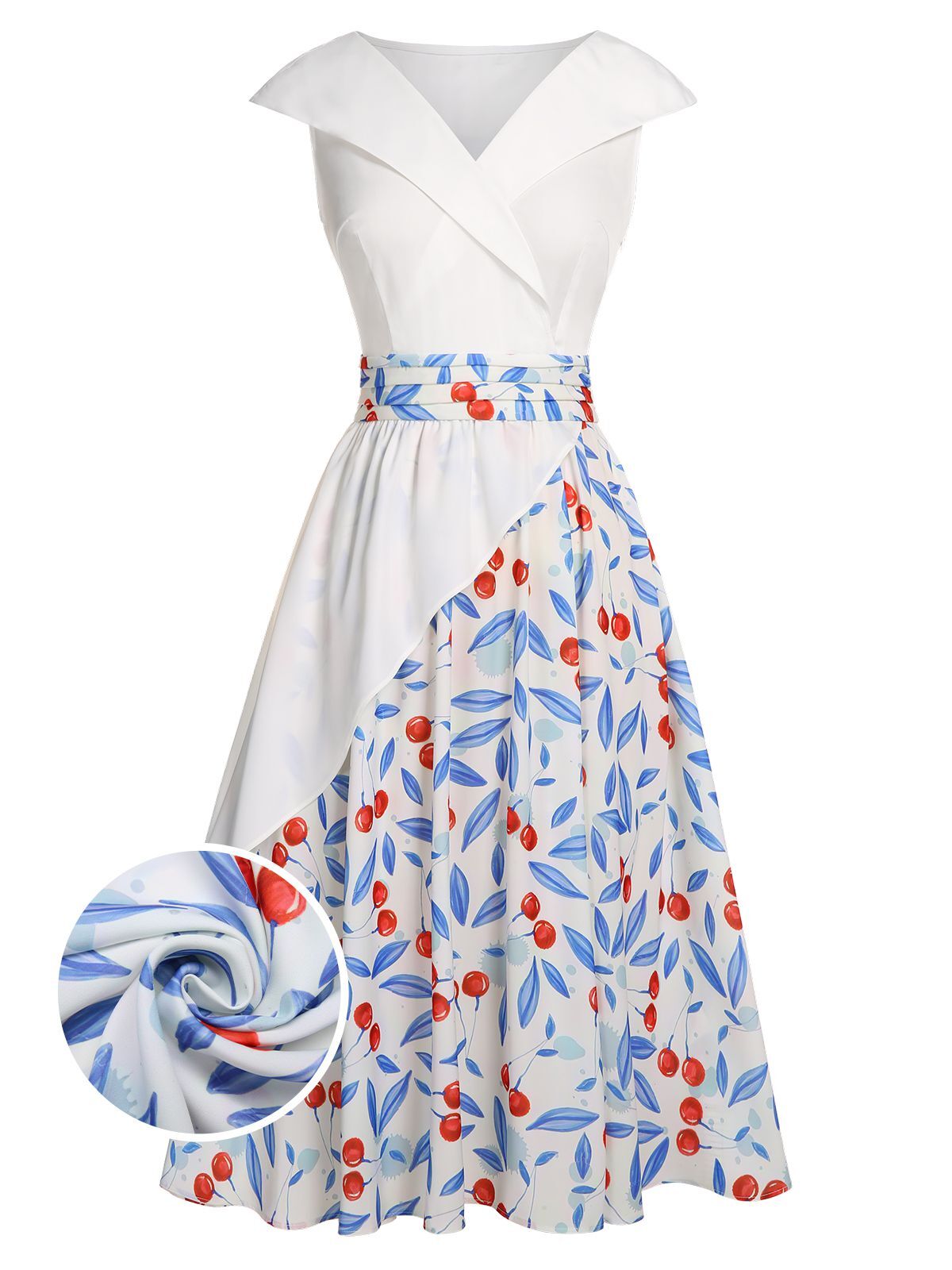 [Pre-Sale] White 1950s V-Neck Cherry Cap Sleeve Dress