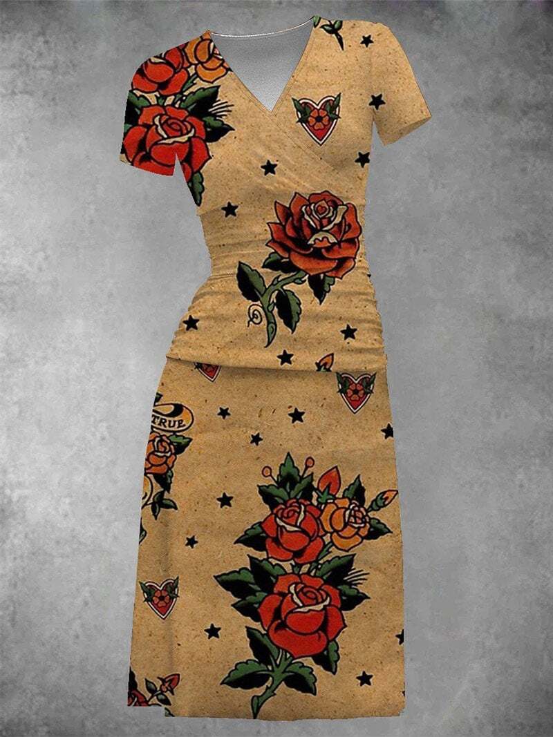 Women'S Vintage Old Paper Rose Tattoos Printed Short-Sleeved V-Neck Dress