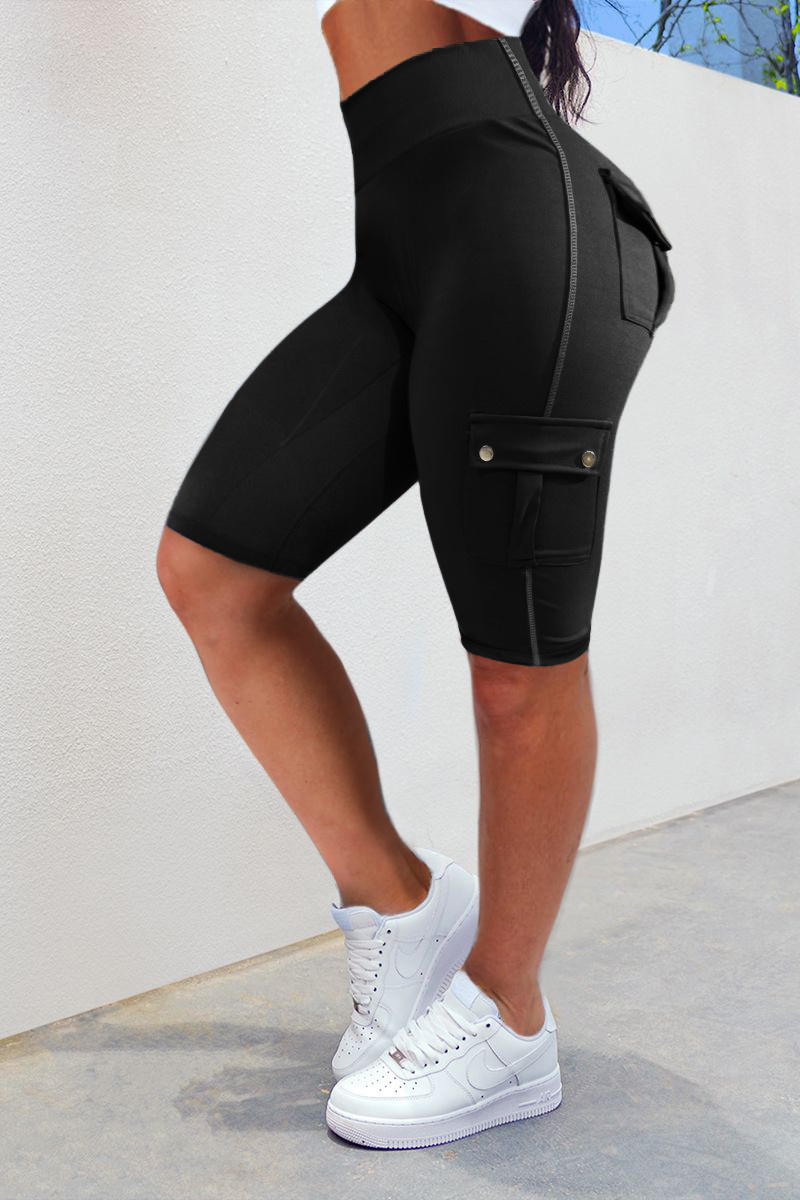 Flap Pocket High Waist Sports Biker Shorts