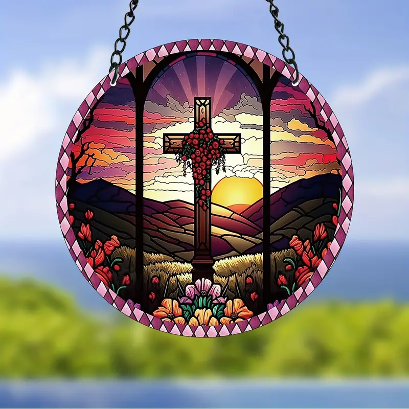Traditional Cross Stained Plastic Hanging Window: A Beautiful Suncatcher to Bless Your Home with Faith, Love, and Family