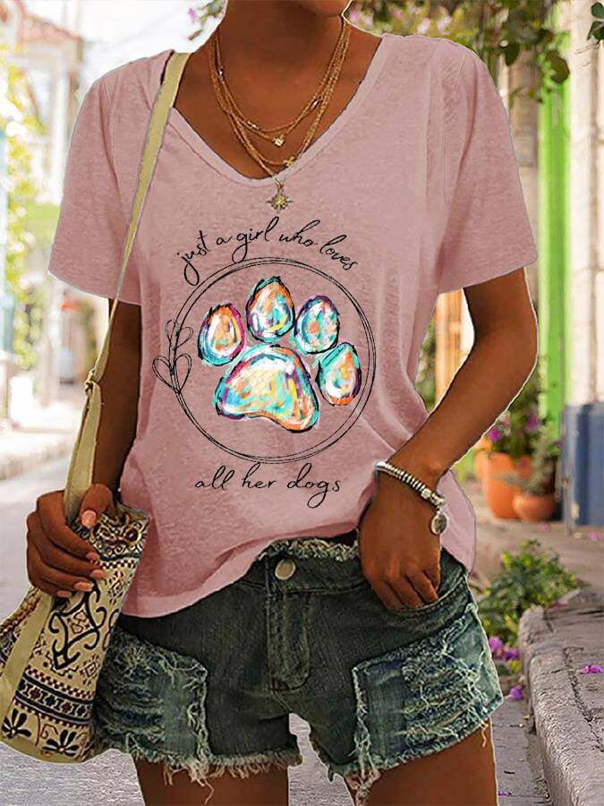 Women's Paws Just A Girl Who Loves All Her Dogs Print Casual T-Shirt