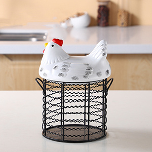 Gold Wire Egg Basket with Ceramic Chicken Design Lid, Metal Egg Basket for Fresh Eggs with Handles, Portable Black Fresh Egg Collecting Basket Holder for Countertop, Holds about 25 Eggs