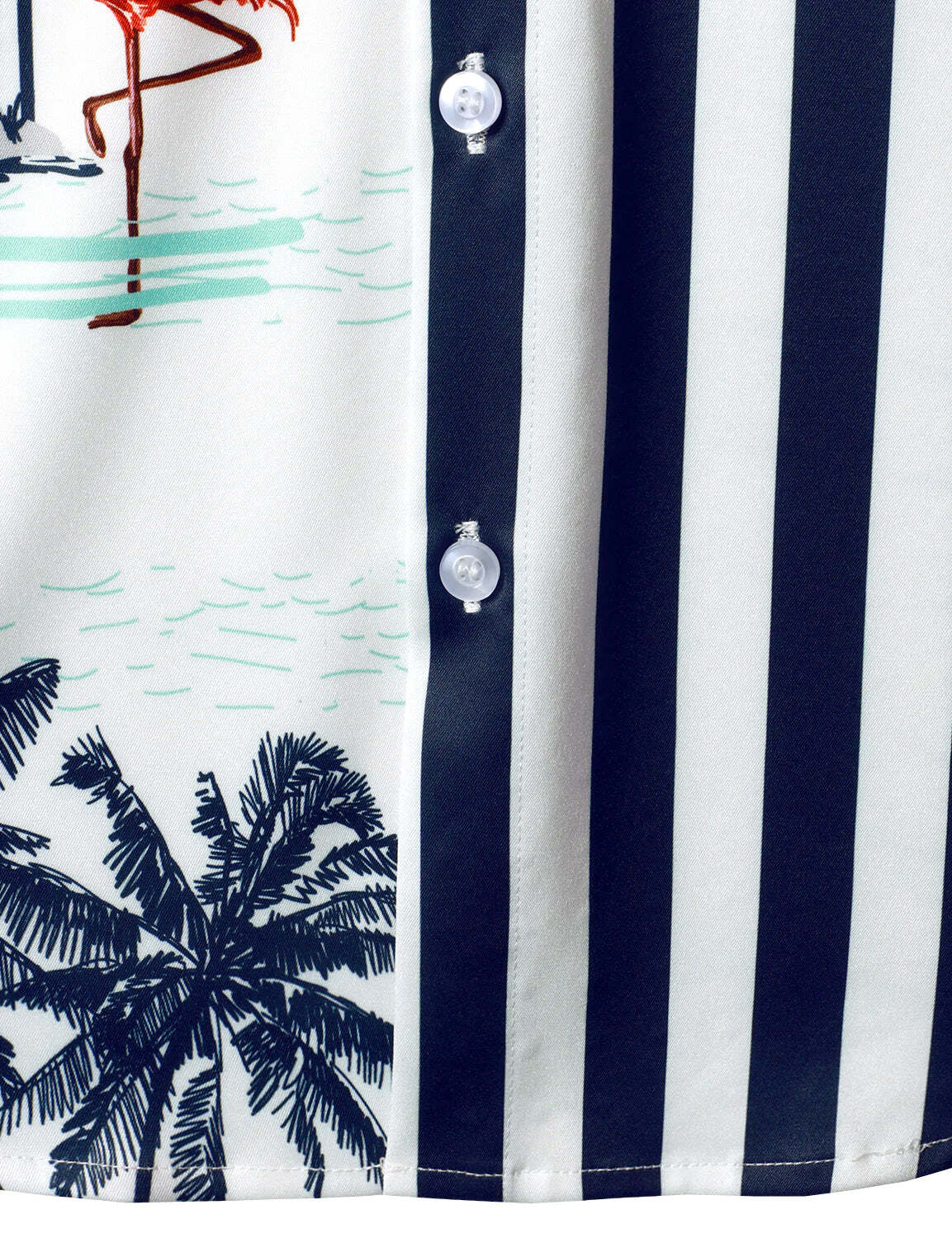 Men's Navy Blue Striped And Flamingo Print Hawaiian Short Sleeve Aloha Shirt