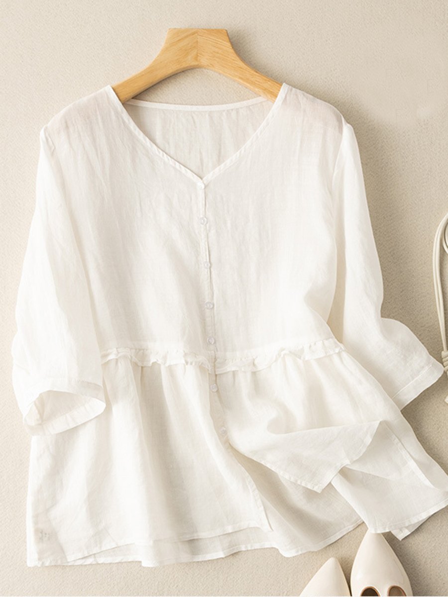 Cotton And Linen Three Quarter Sleeved Artistic Retro Loose Shirt