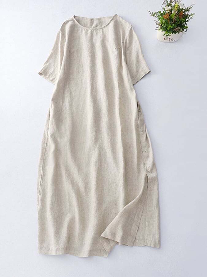Cotton Linen Loose Short Sleeve Split Dress