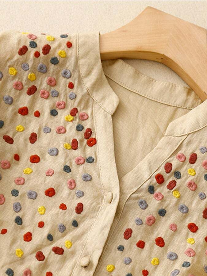 Literary Retro Loose All-Match Mesh Stitching Embroidery V-Neck Shirt