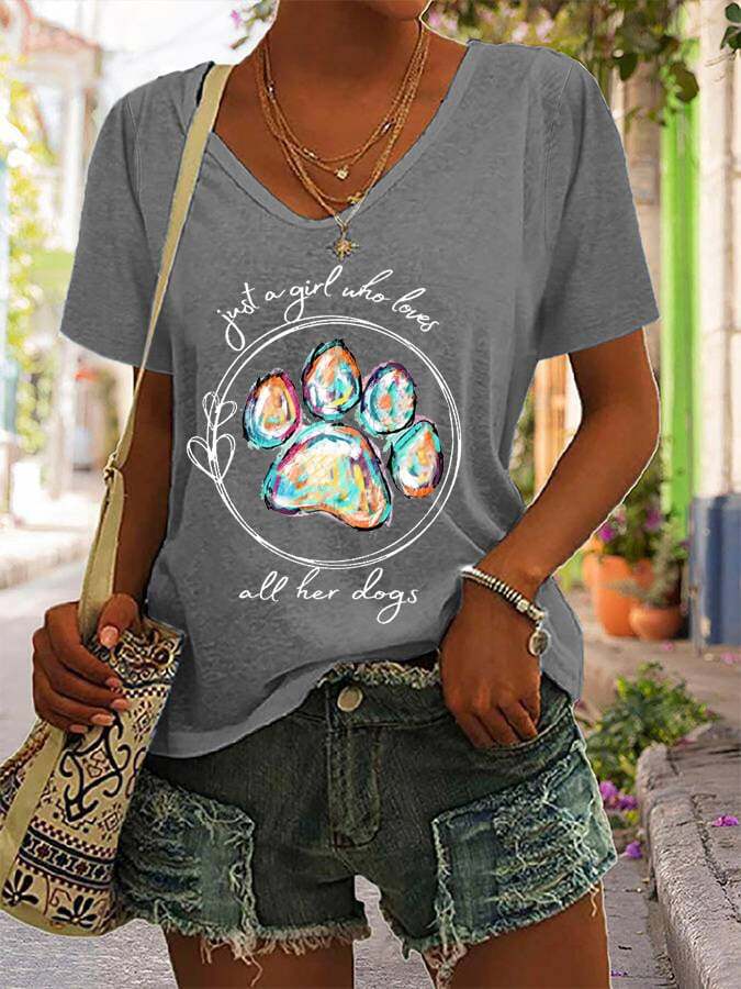 Women's Paws Just A Girl Who Loves All Her Dogs Print Casual T-Shirt