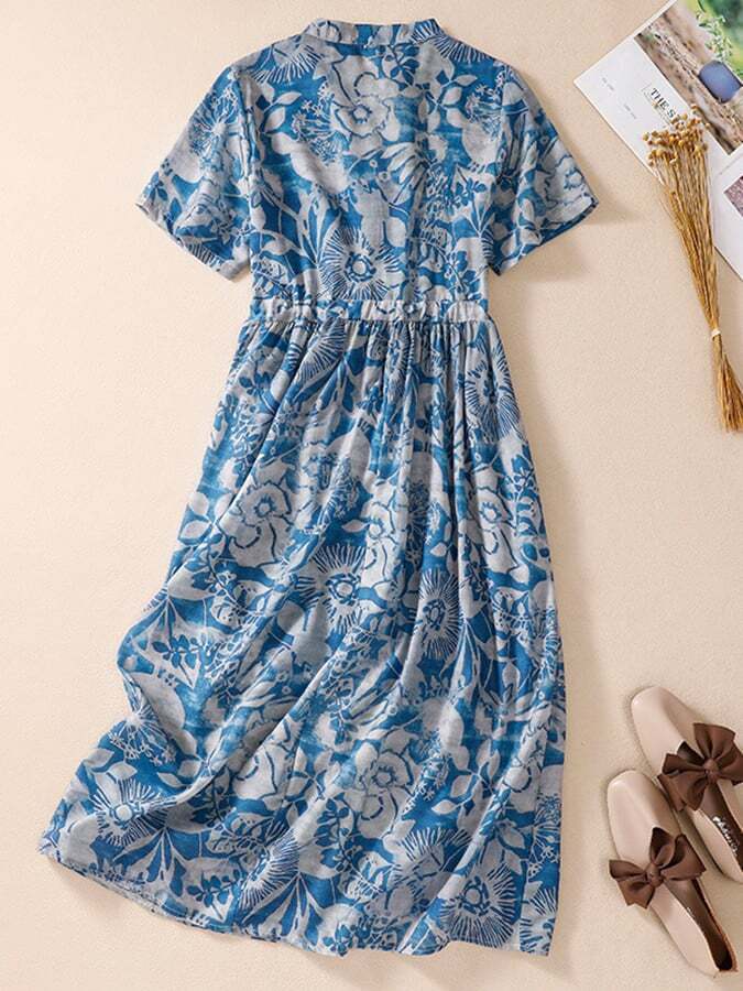 Literary Loose Cotton And Linen Printed Standing Neck Short Sleeved Dress
