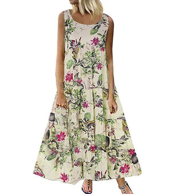 Vintage Floral Print Sleeveless Crew Neck Long Dress