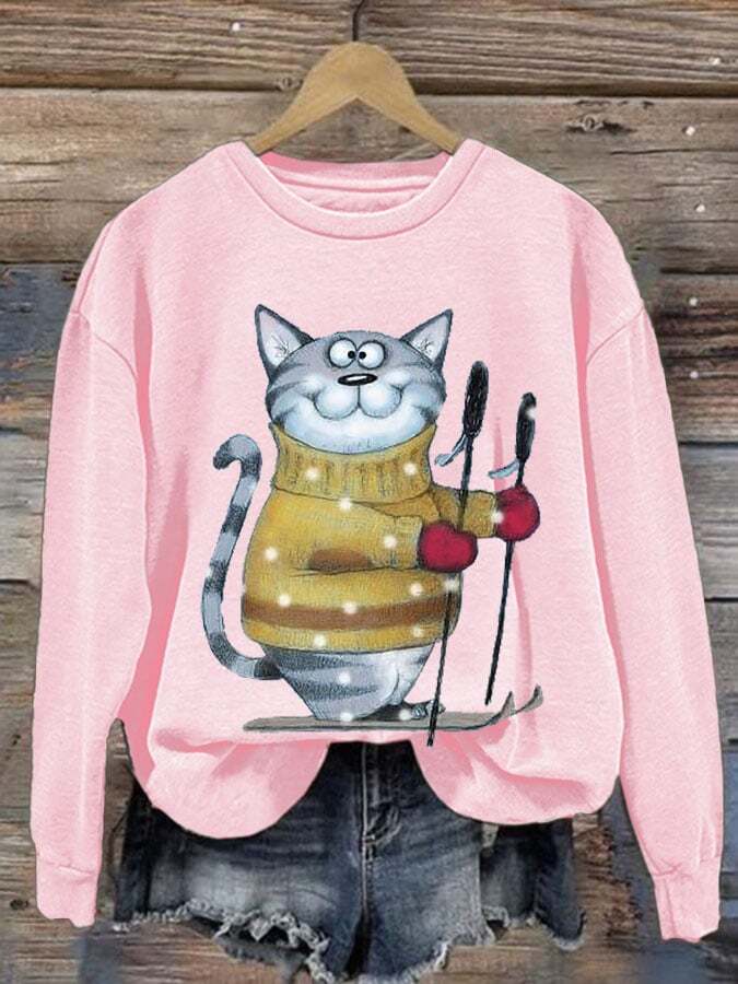 Women's Cat Printed Round Neck Sweatshirt