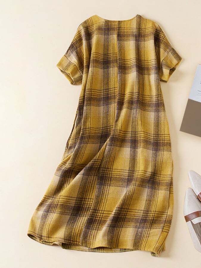 Vintage Plaid Cotton Linen A-Line Pocket Dress