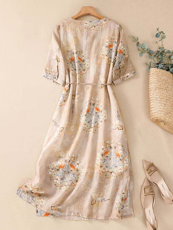 Artistic Lace Up Printed A-Line Dress