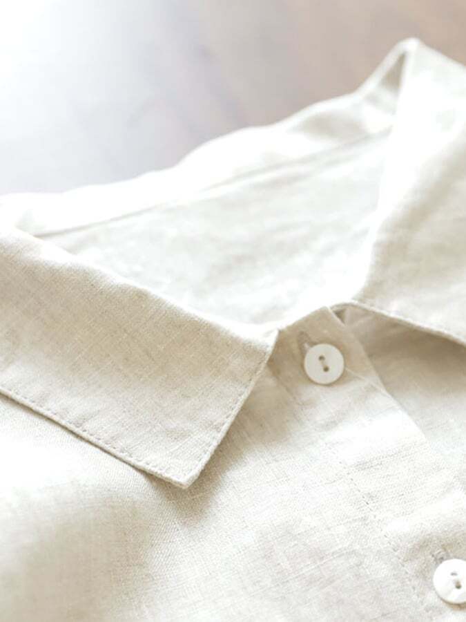 Cotton Linen Lapel Button Belt Solid Color Shirt Dress
