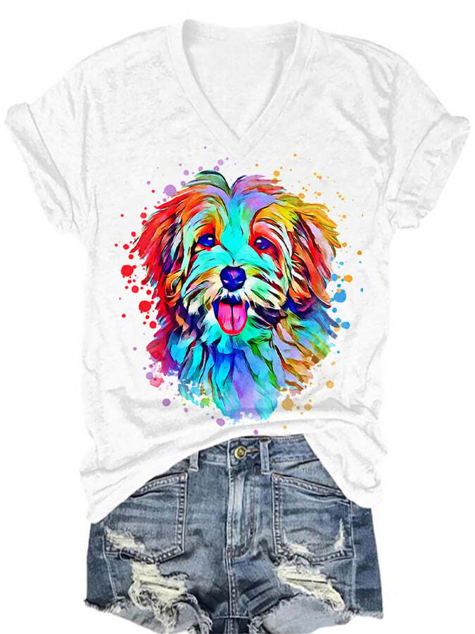 Women's Watercolor Puppy Print Casual V-Neck T-Shirt