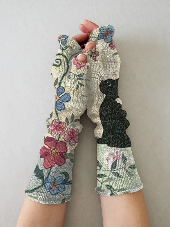 (Ship within 24 hours)Retro cat casual print knit fingerless gloves