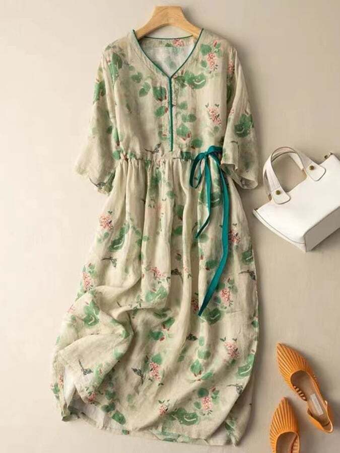 Vintage Printed Drasting Mid Length Dress