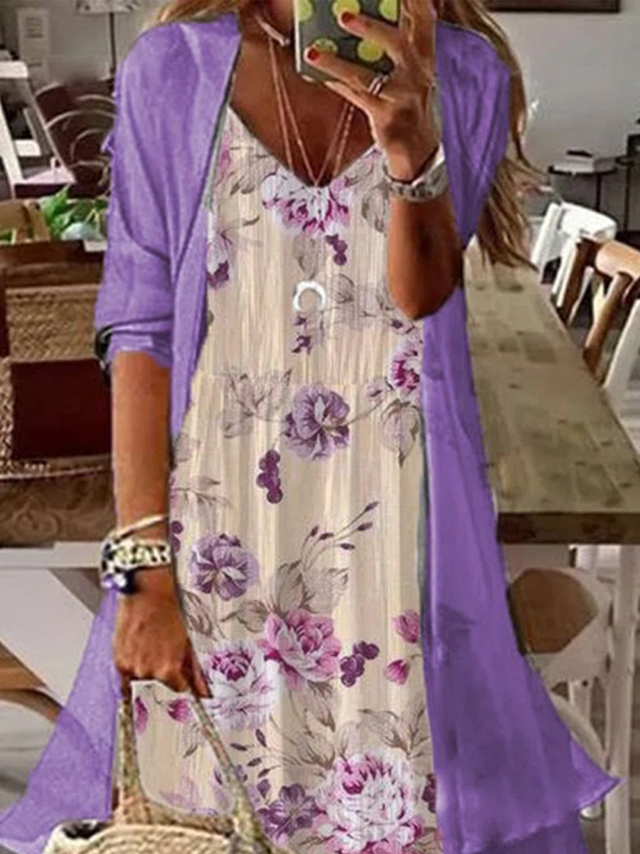 Casual Floral Print V Neck Half Sleeves Two-Piece Maxi Dress
